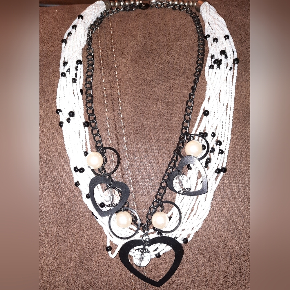 Lot of 2 beaded fashion jewelry necklaces black white boho shabby chic